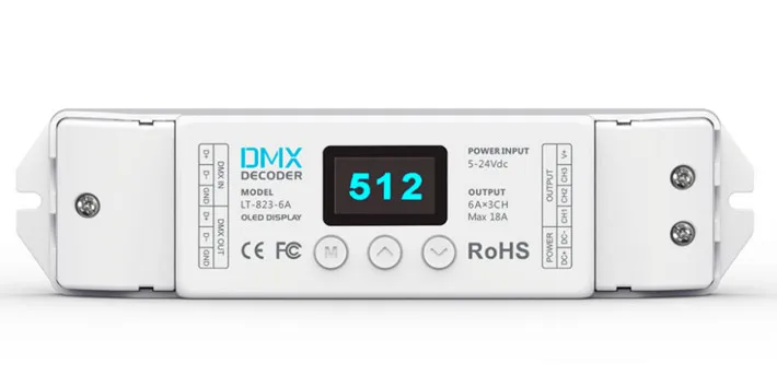 2019 LT-823-6A;DC5-24V input;6A*3CH output Input signal DMX512 (8bit / 16bit) 3CH CV DMX Decoder
2019 LT-823-6A;DC5-24V input;6A*3CH output Input signal DMX512 (8bit / 16bit) 3CH CV DMX Decoder