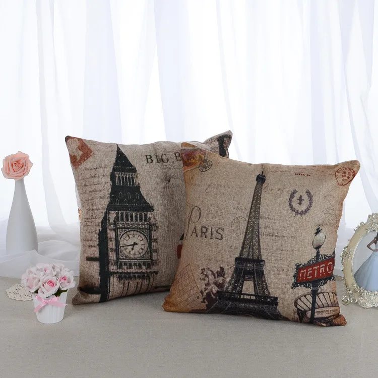 Image New European Hot sales Cotton  Pillow Eiffel Tower Big Ben The Tower of Pisa Outlet Sofa Pillow Cushions Cover Quality