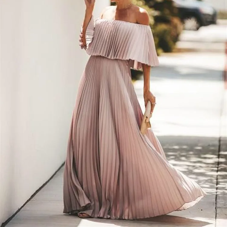 Women Off Shoulder Ruffle Chiffon Dresses Summer Slash Neck Pleated A-Line Long Dress Solid Loose Holiday Beach Dress
Women Off Shoulder Ruffle Chiffon Dresses Summer Slash Neck Pleated A-Line Long Dress Solid Loose Holiday Beach Dress