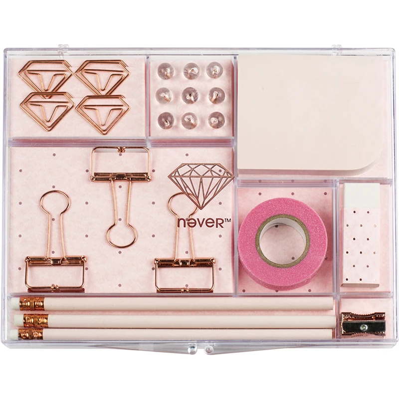 Pencil Sharpener Dovetail Clip Tape Notes Rubber Pencil Rose Gold Gift Box Paper Clips Nails Combination For School&Office
Pencil Sharpener Dovetail Clip Tape Notes Rubber Pencil Rose Gold Gift Box Paper Clips Nails Combination For School&Office