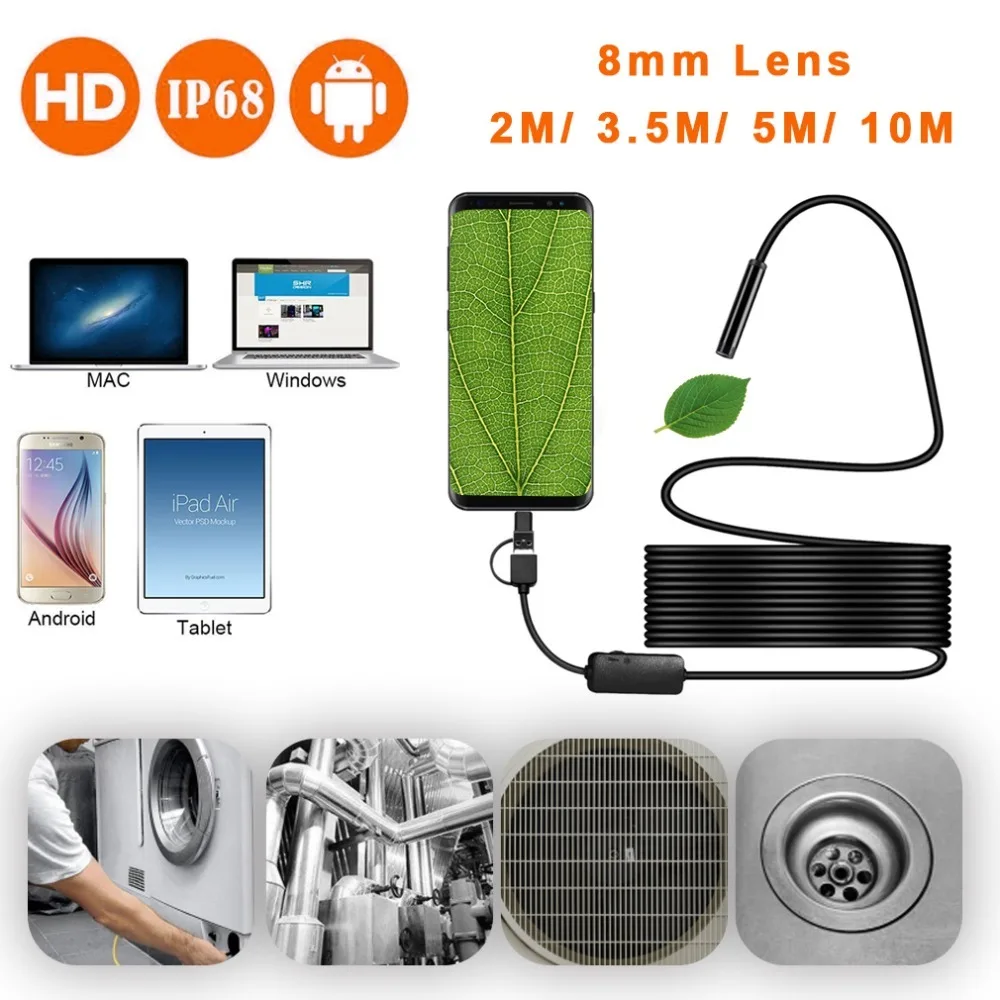 

Inspection Borescope Camera 8mm Waterproof IP67 2M 3.5M 5M 10M Cable 1200P HD 3-in-1 Computer Endoscope Borescope Tube 8 LEDs