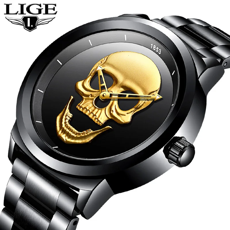 

2018LIGE Brand Cool punk style Pirate Skeleton Skull Quartz Mens Watches Mesh Steel sports Black Watch Men Relogio Masculino+Box