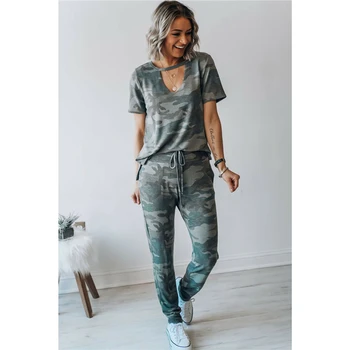 Women's Casual Tracksuit O Neck Short Sleeve Tops + Pants Two Piece Army green camouflage Set Fashion Sport Wear Summer 2019
Women's Casual Tracksuit O Neck Short Sleeve Tops + Pants Two Piece Army green camouflage Set Fashion Sport Wear Summer 2019