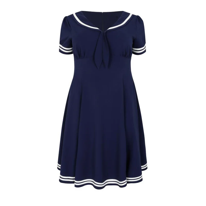 navy blue dress with white piping