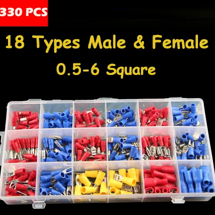 330pcs Assorted Insulated Male and Female Terminals Wire Ferrules Connectors Kit 18 Types
330pcs Assorted Insulated Male and Female Terminals Wire Ferrules Connectors Kit 18 Types
