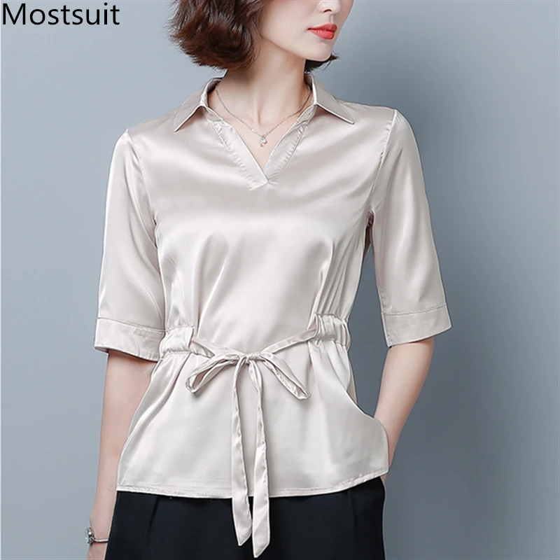 M-4xl Summer Satin Plus Size Tunics Blouses With Belt Women Short Sleeve V-neck Office Elegant Loose Korean Tops Blusas Mujer
M-4xl Summer Satin Plus Size Tunics Blouses With Belt Women Short Sleeve V-neck Office Elegant Loose Korean Tops Blusas Mujer