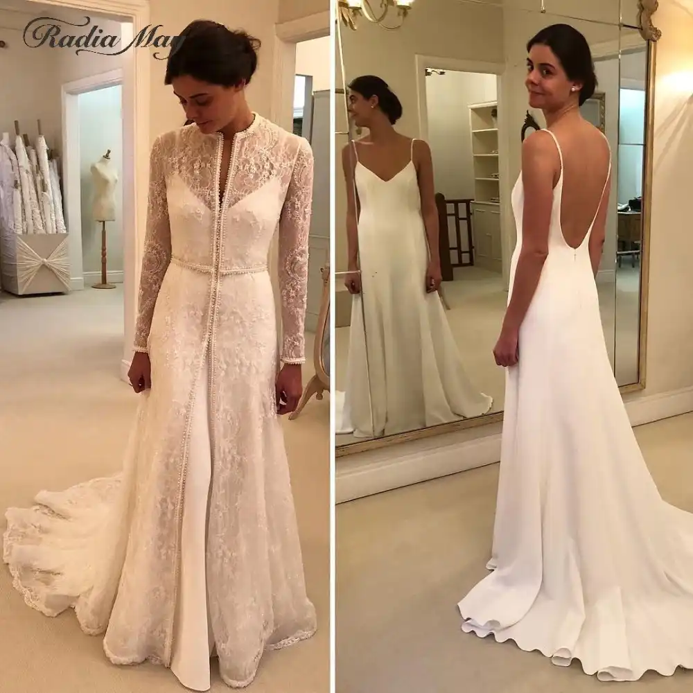 Vestido De Novia De Manga Larga De Encaje Vintage Vestido De Novia De Dos Piezas Con Falda De Quita Y Pon Abrigo Bohemio Arabe De Cuentas 2020 Aliexpress