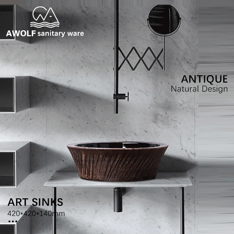 Art Bathroom Sinks 420*420*140mm Natural Design Ceramic Vessel Antique Washing Basin Bowl Modern Lavatary Sink AM858
Art Bathroom Sinks 420*420*140mm Natural Design Ceramic Vessel Antique Washing Basin Bowl Modern Lavatary Sink AM858