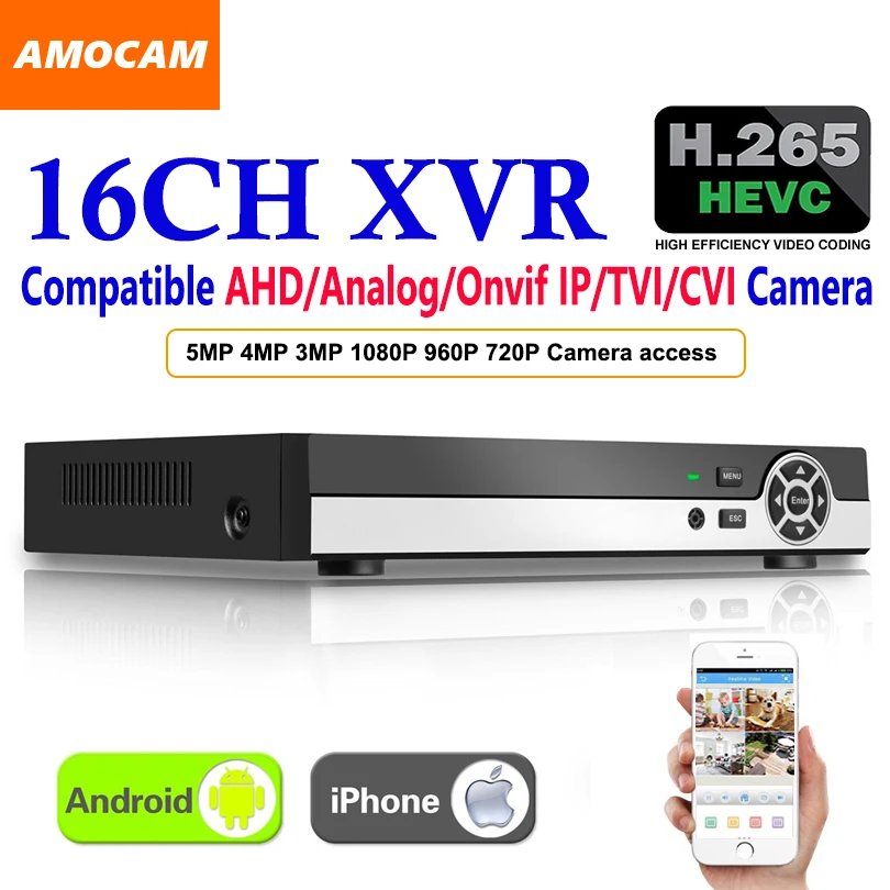 Видеорегистратор XVR 16-канальный 5 МП H.265 для AHD CVI TVI аналоговых IP-камер