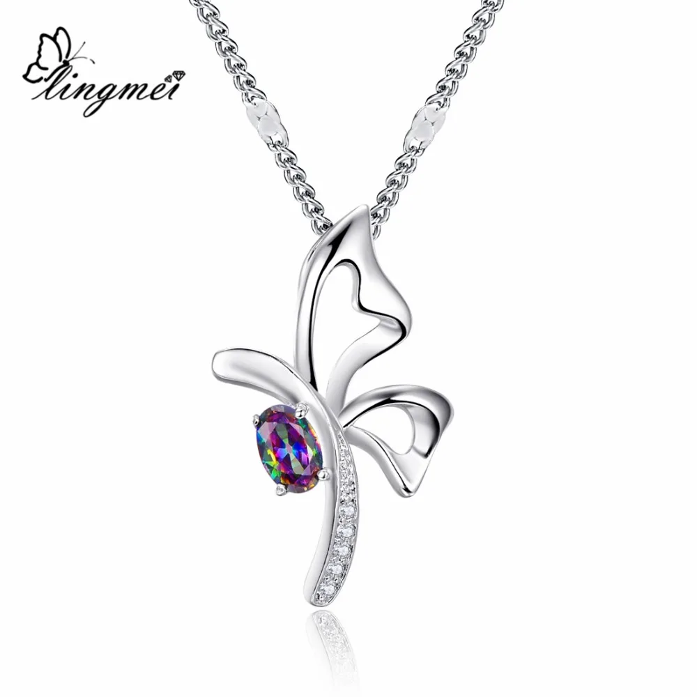 Фото lingmei Fashion Butterfly Jewelry Multicolor & White Cubic Zircon Silver Color Women Wedding Pendant Necklace Chain Gift | Украшения и