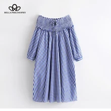 Bella filosofía 2018 mujeres de invierno dulce vestido a cuadros slash cuello suelto mini vestido imperio moda tie tres cuartos vestido femenino(China)