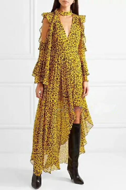 Womens Sexy V-neck Halter Irregular Hem Ruffled Leopard Mixed Colors Dress Long Slim Fit Nightclub 3Colors A538
Womens Sexy V-neck Halter Irregular Hem Ruffled Leopard Mixed Colors Dress Long Slim Fit Nightclub 3Colors A538