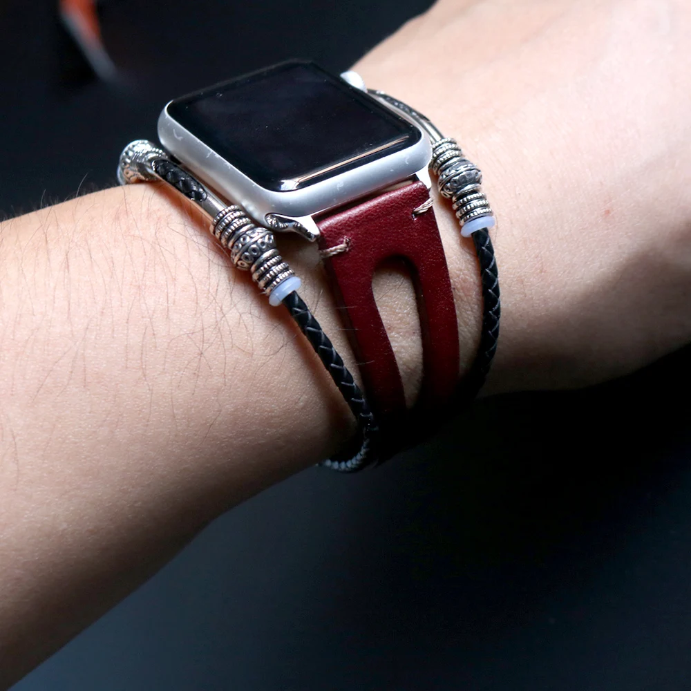 Handmade Apple Watch Band Made Ethnic Vintage Bead With Leather Retro Punk Style Bracelet 44Mm/ 40Mm/ 42Mm/ 38Mm Fits Apple Watch Series 1 2