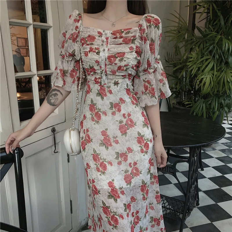 Lady Casual Chiffon Dress Female Sweet High Waist Floral Dress Summer Chic Women Square Collar Ruffles Sleeve Knee-length Dress
Lady Casual Chiffon Dress Female Sweet High Waist Floral Dress Summer Chic Women Square Collar Ruffles Sleeve Knee-length Dress