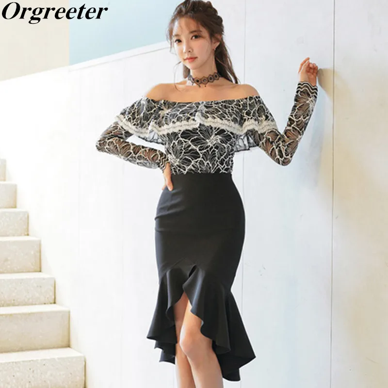 Sexy Off Shoulder Lace Shirt and Mermaid Skirt Sets Print Hollow Slash neck Tops and Ruffled Bodycon Skirt 2 piece set Women
Sexy Off Shoulder Lace Shirt and Mermaid Skirt Sets Print Hollow Slash neck Tops and Ruffled Bodycon Skirt 2 piece set Women