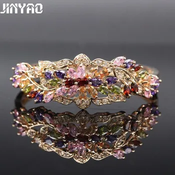 

JINYAO Gorgeous Champagne Gold Color Colorful Crystal AAA Zircon Bracelet Bangle For Women High Quality Fashion Jewelry Pulseira