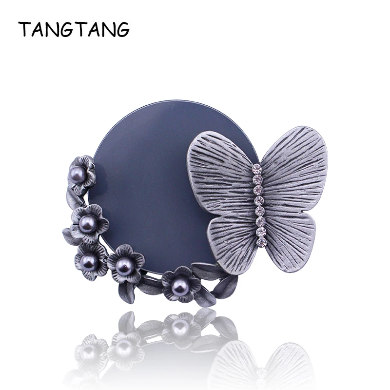 

TANGTANG Antique Tin Brooch Black Tone Butterfly Brooch Pin For Men And Women Grey Pearl Rhinestone Jewelry Pins And Brooches