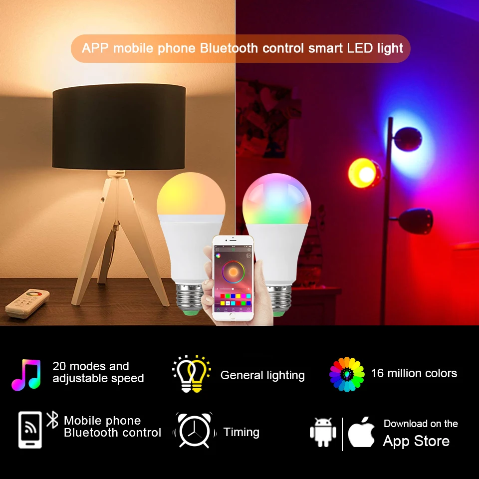 E27 B22 Bluetooth RGBW Bulb 15W 20W 85-265V Smart Lights 20 Modes Music Control Night Lamp Apply to Android/IOS Bluetooth 4.0
E27 B22 Bluetooth RGBW Bulb 15W 20W 85-265V Smart Lights 20 Modes Music Control Night Lamp Apply to Android/IOS Bluetooth 4.0