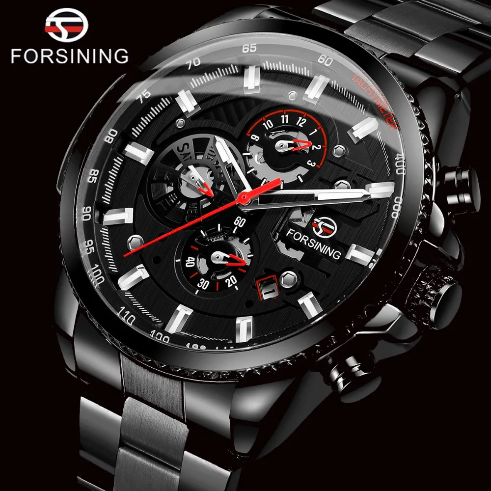 FORSINING Top Brand Luxury Mens Watches Calendar Display Black Stainless Steel Automatic Wristwatch Military Sports Male Clock (1)