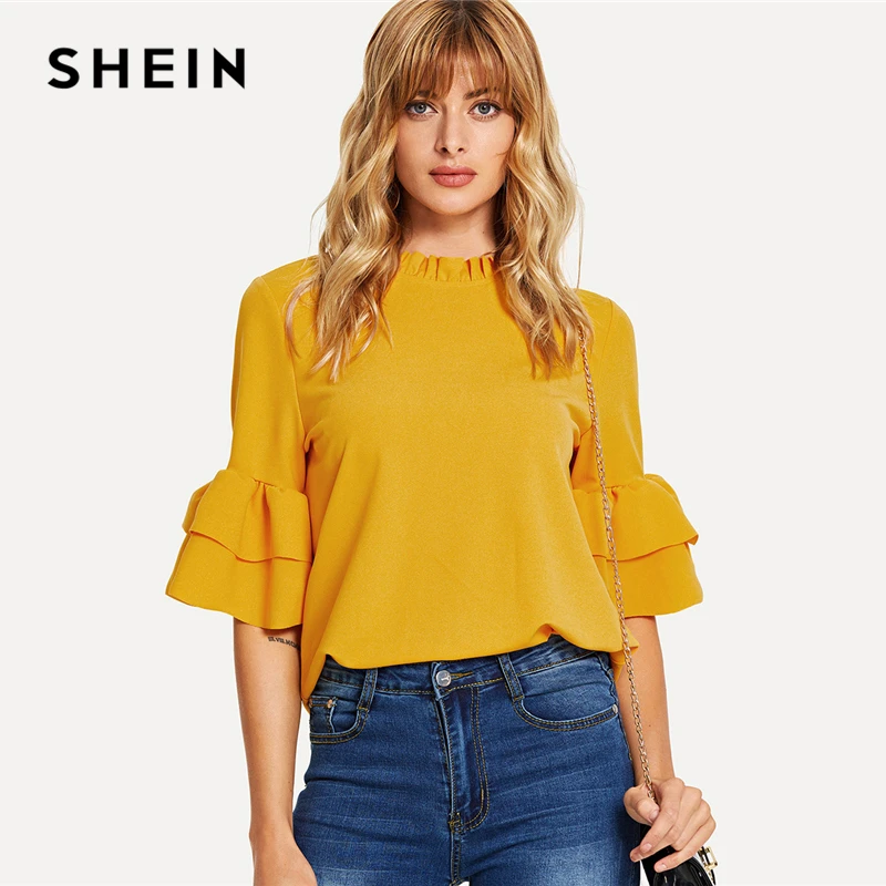 

SHEIN Ginger Frill Neck Flounce Sleeve Keyhole Back Top Elegant Stand Collar Workwear Solid Blouse Women Summer Blouses