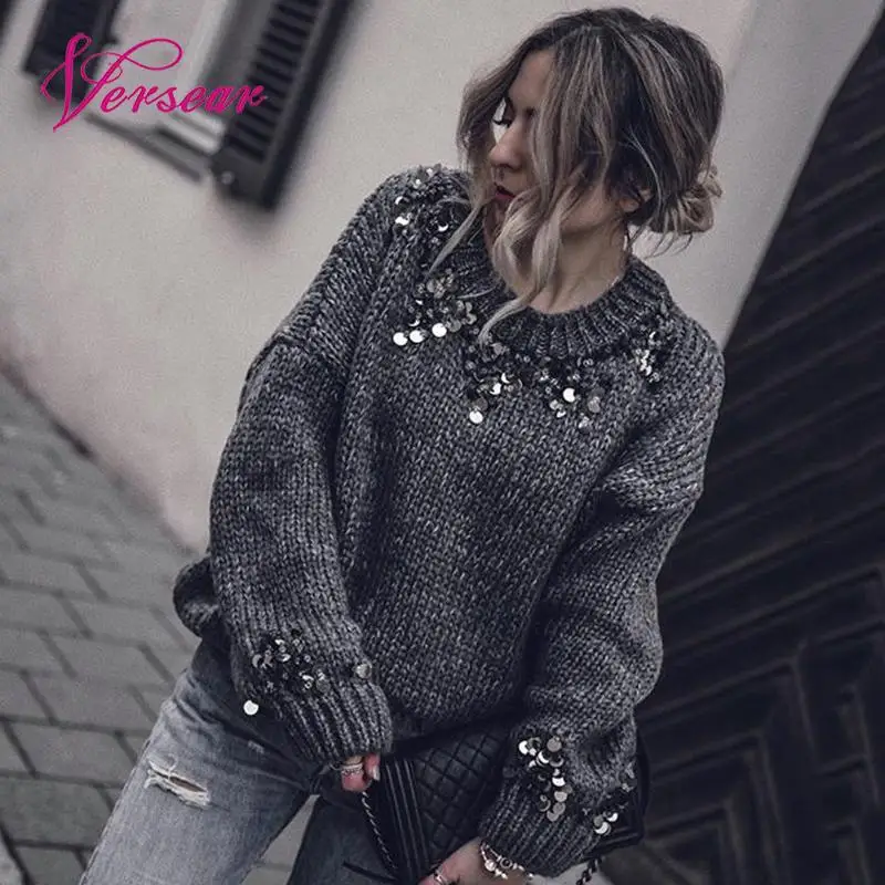 Versear Autumn Winter Women Sequined Knitted Sweater Solid Color Fashion Drop Shoulder Femme Knitwear Pullover Sweater Tops
Versear Autumn Winter Women Sequined Knitted Sweater Solid Color Fashion Drop Shoulder Femme Knitwear Pullover Sweater Tops