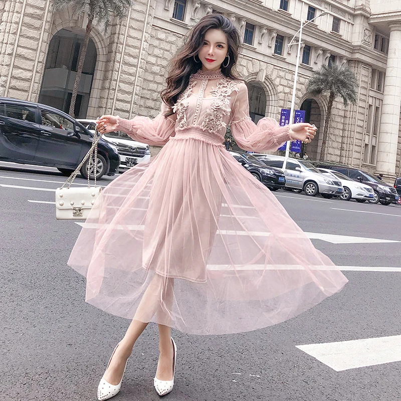 2019 Spring Korean Style Elegant Mesh Stand-Neck Long-Sleeved Dresses Sweet Mid-Calf Dress Solid Dresses Vestidos
2019 Spring Korean Style Elegant Mesh Stand-Neck Long-Sleeved Dresses Sweet Mid-Calf Dress Solid Dresses Vestidos