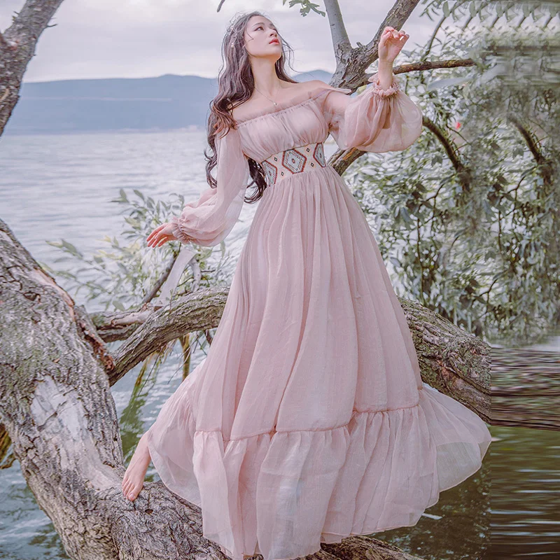 Spring Summer Women Bohemia Maxi Dress Vintage Elegant Sexy Slash Neck Embroidery Ruffles Chiffon Casual Beach Long Dress vestid
Spring Summer Women Bohemia Maxi Dress Vintage Elegant Sexy Slash Neck Embroidery Ruffles Chiffon Casual Beach Long Dress vestid