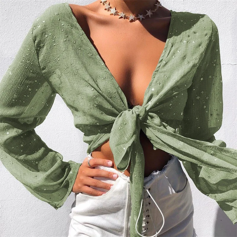 Long Sleeve Hot Stamping Short V-Neck Autumn Lace Up See Through Sexy Crop Tops 2019 Summer Women Fashion T-shirt Z192
Long Sleeve Hot Stamping Short V-Neck Autumn Lace Up See Through Sexy Crop Tops 2019 Summer Women Fashion T-shirt Z192
