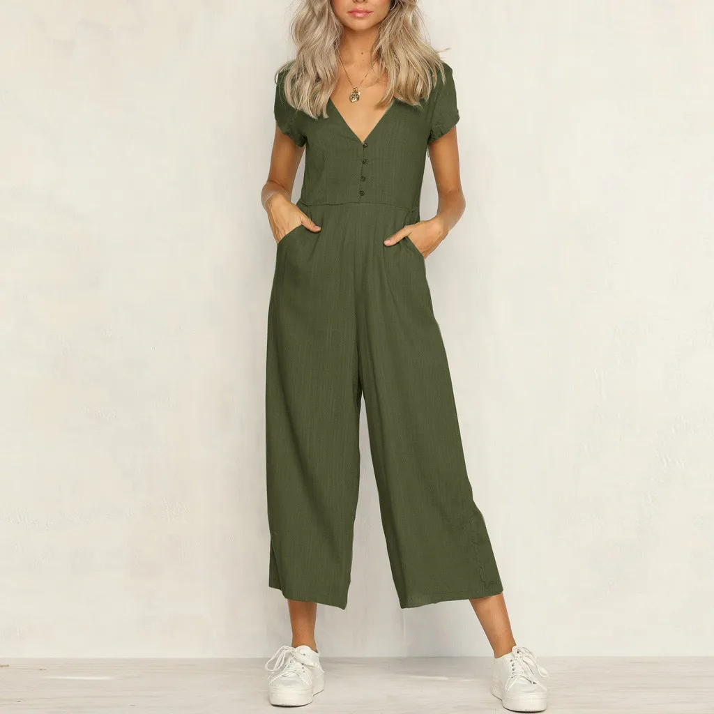 Women short sleeve jumpsuit Cotton Linen romper Solid Color V-neck Casual Jumpsuit Summer wide leg playsuit overalls for women
Women short sleeve jumpsuit Cotton Linen romper Solid Color V-neck Casual Jumpsuit Summer wide leg playsuit overalls for women