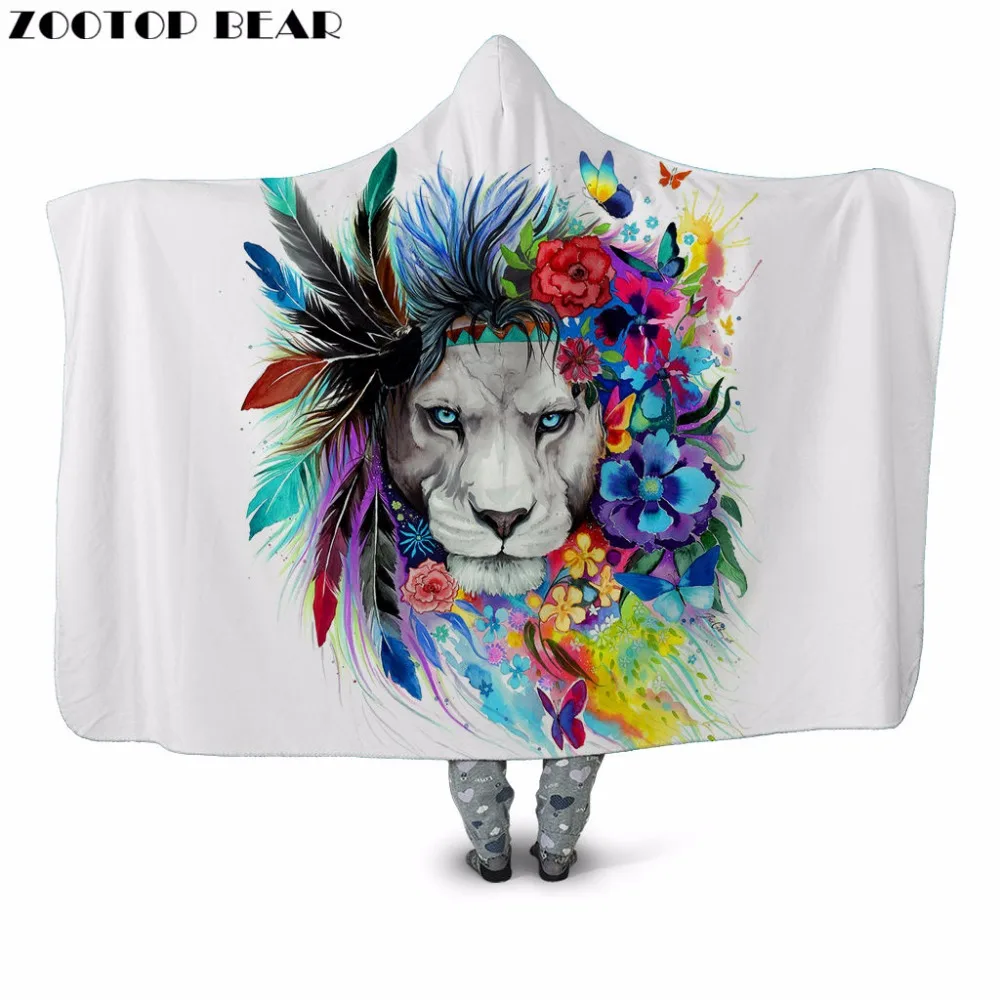 Теплое Флисовое одеяло с капюшоном для взрослых и детей 3D принтом льва дома офиса