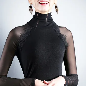 Spring New Women'S Eyelashes Lace Stitching Mesh Long-Sleeved T-Shirt Black High Collar Bottoming Shirt
Spring New Women'S Eyelashes Lace Stitching Mesh Long-Sleeved T-Shirt Black High Collar Bottoming Shirt