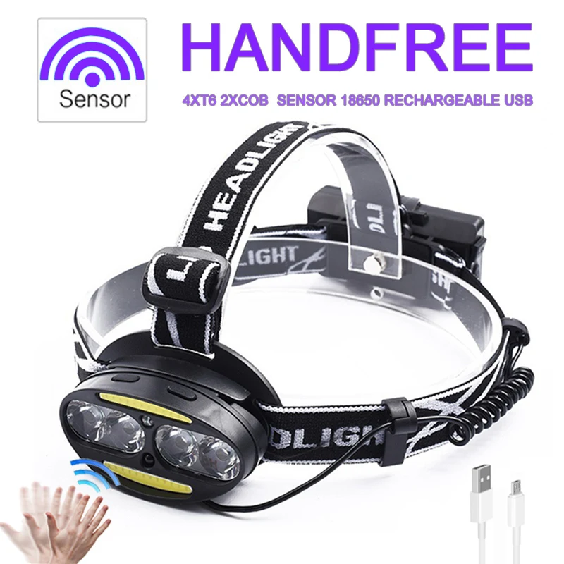 Head Lamp 4*T6 2*COB Sensor LED Headlamp Headlight Flashlight Lantern 50000lm 18650 Rechargeable USB Torch Fishing Hunting Light
Head Lamp 4*T6 2*COB Sensor LED Headlamp Headlight Flashlight Lantern 50000lm 18650 Rechargeable USB Torch Fishing Hunting Light