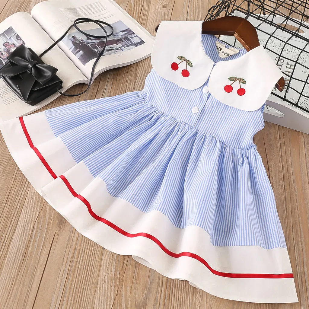 Infant girl doll collar dress Children cherry embroidery striped sleeveless dress summer Blue lace princess dress Vestido #D1
Infant girl doll collar dress Children cherry embroidery striped sleeveless dress summer Blue lace princess dress Vestido #D1
