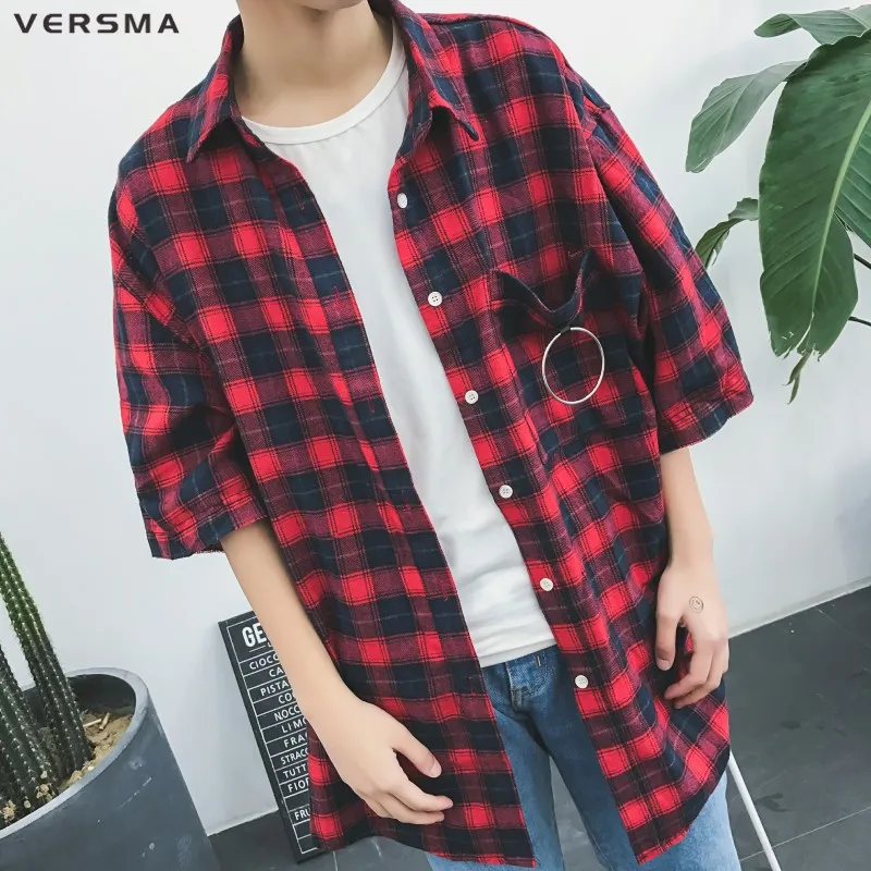 

VERSMA Korean Ulzzang Harujuku BF Loose Casual Shirt Men Oversize Vintage Half Sleeve Plaid Shirt Men Women Blouse Dropshipping