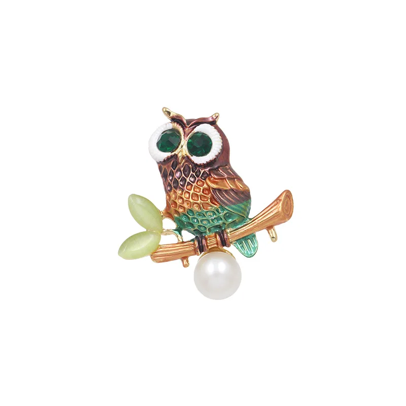 

baiduqiandu Enamel Owl on Branch Brooches for Women Green Eyes Animal Pearl Brooch Pin Summer New Style Bird Fashion Jewelry