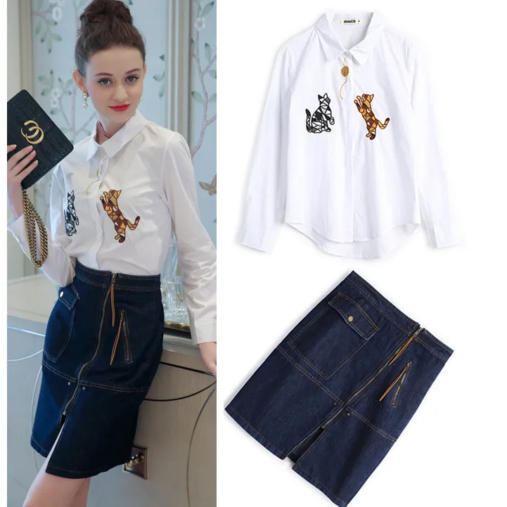 Women Spring Summer Twinsets White Cats Cartoon Cat Embroidery Shirts Tops And Denim Fashion Zipper Ladies Skirt Suits NS642
Women Spring Summer Twinsets White Cats Cartoon Cat Embroidery Shirts Tops And Denim Fashion Zipper Ladies Skirt Suits NS642