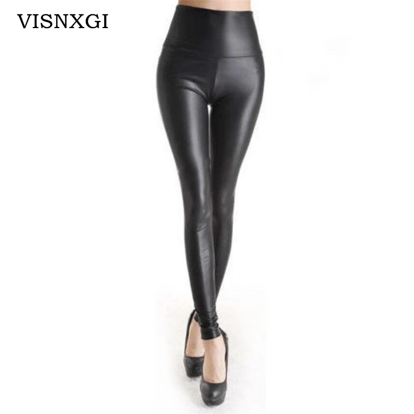 Image Free shipping Fashion Sexy Shiny Metallic High Waist Black Stretchy Leather Leggings Pants k031