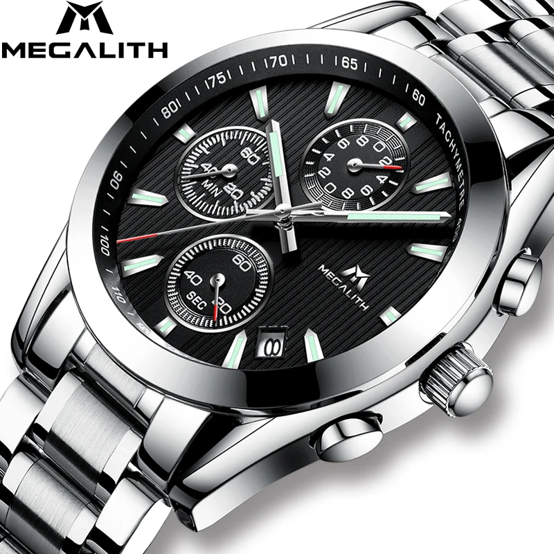 MEGALITH Brand Men Watches Sport Quartz Clock 30M Waterproof Chronograph Luminous For Men's Stainless Steel Wristwatches | Наручные