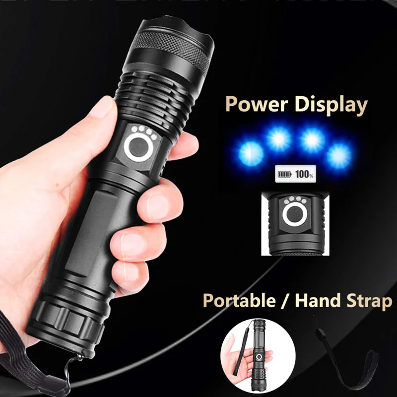Light - XHP90 LED Flashlight Zoom USB Rechargeable Power Display Powerful Torch 18650 Handheld Light