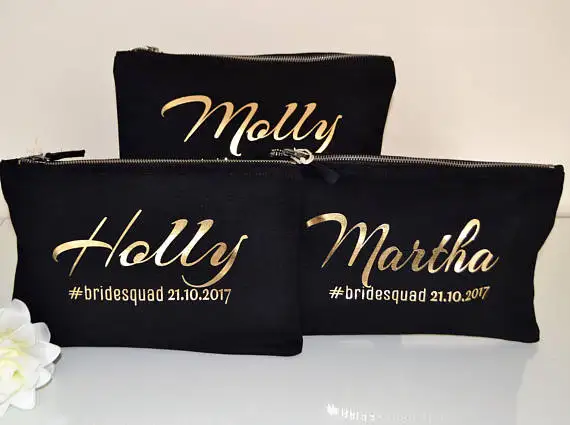 

personalized gold wedding bride squad Bridesmaid Makeup Gift Make Up comestic Bags kits zipper pouches Clutches Birthday gifts