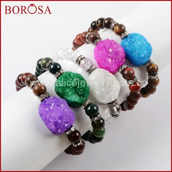 

BOROSA Design 5PCS Rainbow Agates Druzy With 8mm Multi-kind Stone Beads Bracelet Rainbow Drusy Bangle Jewelry for Women G1556