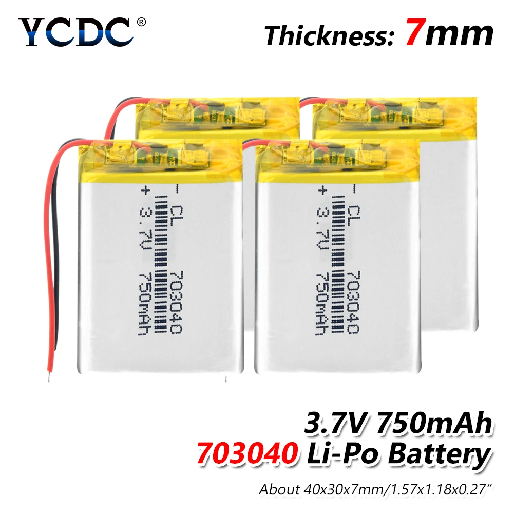 1/2/4pcs 3.7v Rechargeable 750mAh Li-polymer Battery 703040 40x30x7mm Lithium Li-ion Polymer Bateria With PCB Charge Protection
1/2/4pcs 3.7v Rechargeable 750mAh Li-polymer Battery 703040 40x30x7mm Lithium Li-ion Polymer Bateria With PCB Charge Protection