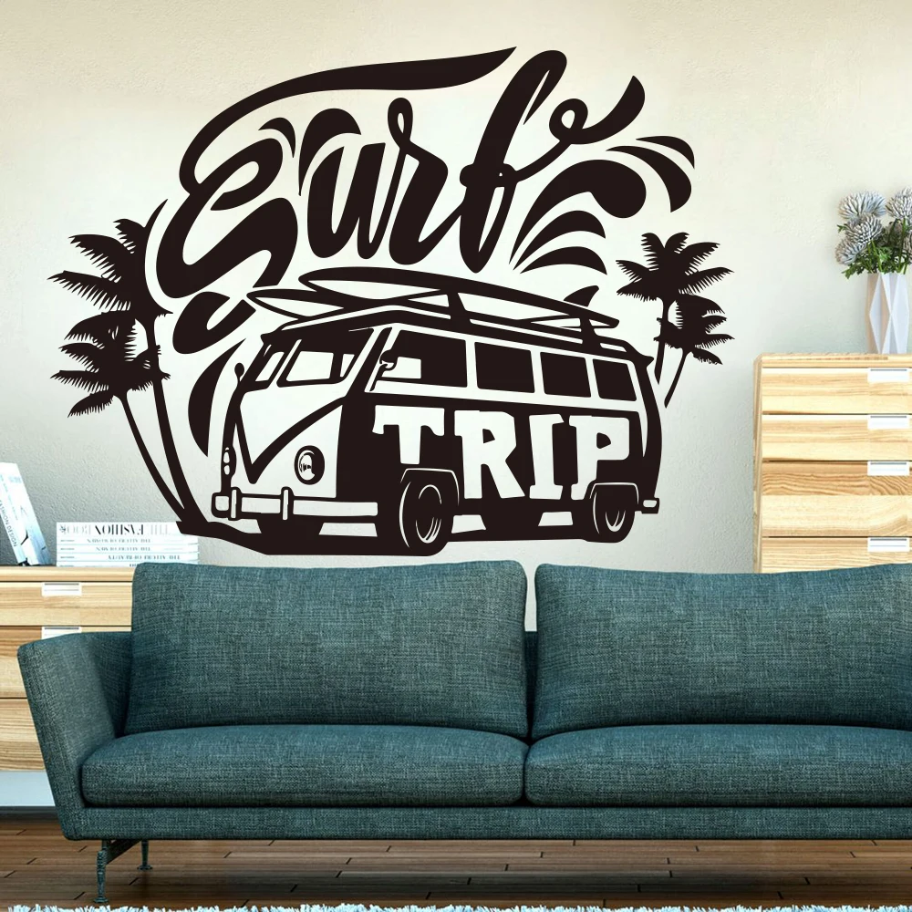 

Large Surf Trip Hippie Car Wall Decal Bedroom Kids Room Surfing VW Volkswagen Car Vehicle Palm Tree Summer Beach Wall Sticker