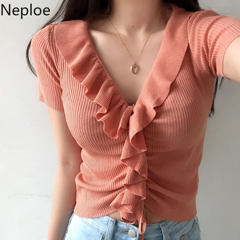 Neploe Ice Silk Knitted Shirt Female Summer Short Sleeve V-neck Bottom Knitwear Short Sleeve Ruffles Drawstring Short Tops 53519
Neploe Ice Silk Knitted Shirt Female Summer Short Sleeve V-neck Bottom Knitwear Short Sleeve Ruffles Drawstring Short Tops 53519