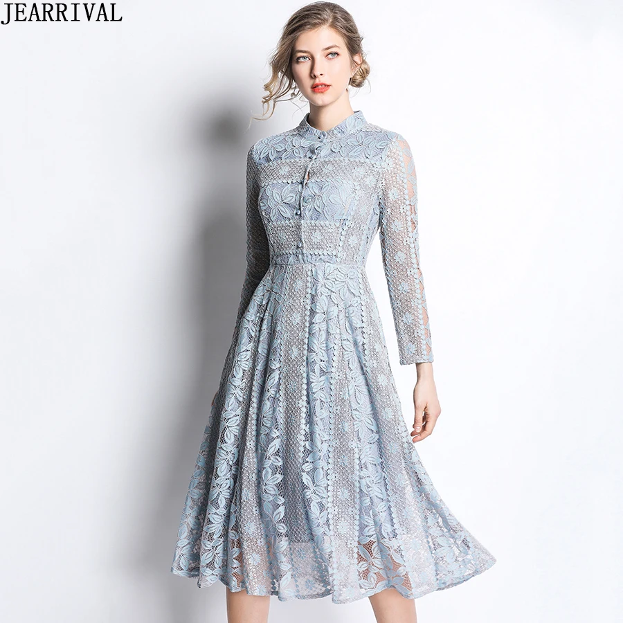 2019 Spring Women Long Sleeve Lace Dress Elegant Stand Collar Hollow Out Slim Casual Work Office Midi Dress Party Robe Femme
2019 Spring Women Long Sleeve Lace Dress Elegant Stand Collar Hollow Out Slim Casual Work Office Midi Dress Party Robe Femme