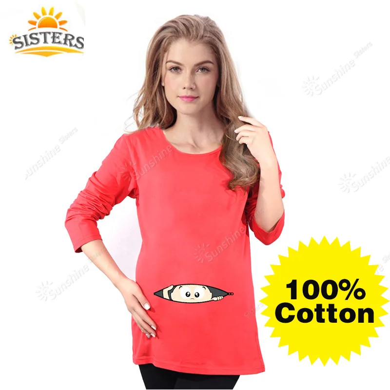 Long Sleeve Maternity Funny Baby Peeking Out T Shirts Black Red Pregnant Women Tops Tees 100% Cotton Clothes Pregnancy Clothing
Long Sleeve Maternity Funny Baby Peeking Out T Shirts Black Red Pregnant Women Tops Tees 100% Cotton Clothes Pregnancy Clothing