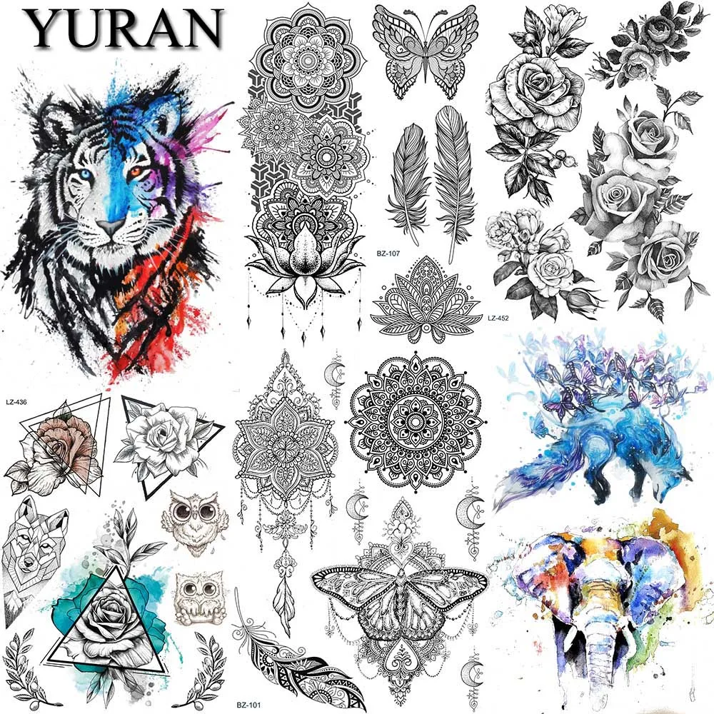 

YURAN Flash Tiger Fox Elephant Fake Waterproof Tattoos Stickers Henna Flower Women Tattoo Temporary Mandala Floral Feather Tatoo