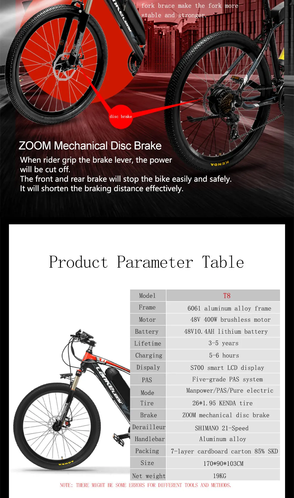 Clearance LANKELEISI T8 Mountain E-Bike 21-speed 26*1.95 Tire 400W High-speed Motor 48V 13ah Lithium Battery 6