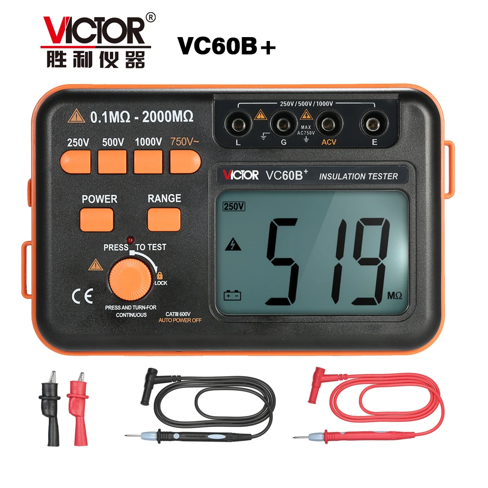 Victor VC60B+ Digital Insulation Resistance Tester 1000V Original Megger Insulation Tester DC/AC 0.1~2000m ohm Wholesale
Victor VC60B+ Digital Insulation Resistance Tester 1000V Original Megger Insulation Tester DC/AC 0.1~2000m ohm Wholesale