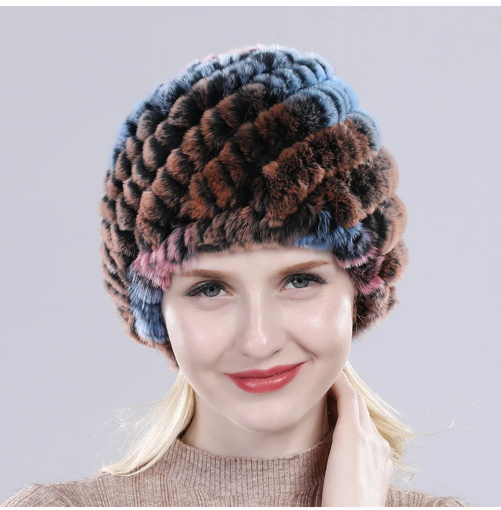 KAISHIN Women's Real Rex Rabbit Fur Beanie – Floral Knitted Winter Hat, One Size Fits Most - View #6